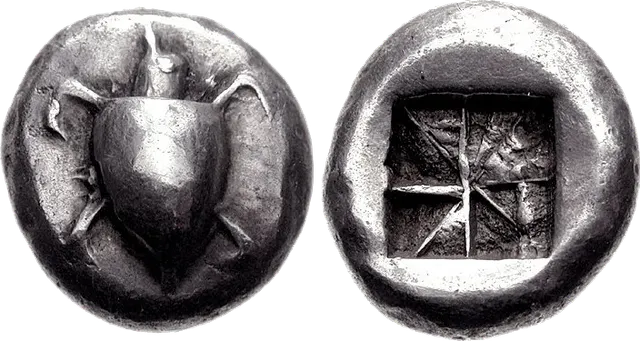 Silver stater of Aegina, about 550 to 530 BC, with a sea turtle on one side and a square punch mark on the other
