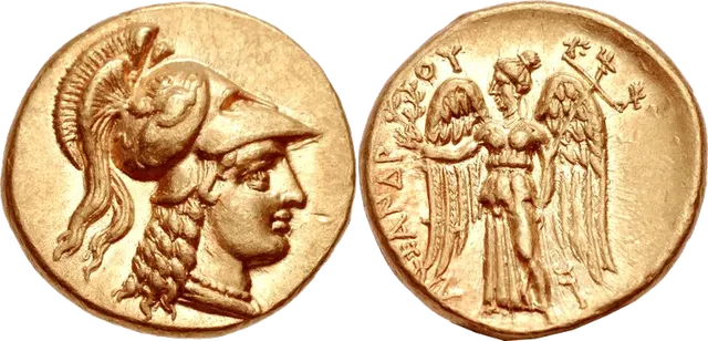 Gold stater of Alexander the Great, Tarsus mint, about 332 to 327 BC, with Athena in a crested Corinthian helmet and a winged Nike holding a wreath