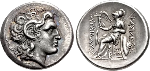 Tetradrachm of Lysimachus, Lampsakos mint, 297 to 282 BC, with a portrait of Alexander wearing the ram's horn of Ammon and Athena seated on the reverse