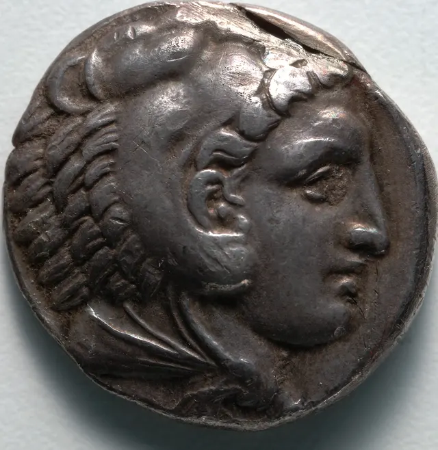 Silver tetradrachm of Alexander the Great, Amphipolis mint, 336 to 323 BC, showing the head of Herakles wearing a lion-skin hood