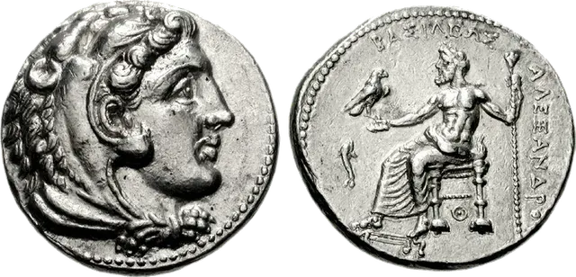 Tetradrachm of Alexander the Great from the Tarsus mint, with Herakles on one side and seated Zeus on the other