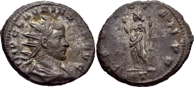 Dark, debased antoninianus of Claudius II with a radiate crown, AD 268 to 270