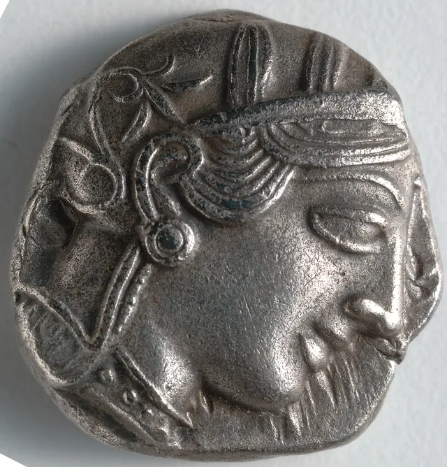 Silver tetradrachm of Athens, 5th century BC, showing the helmeted head of Athena in profile
