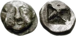 Early Athenian silver obol of the Wappenmünzen series, showing the face of the Gorgon