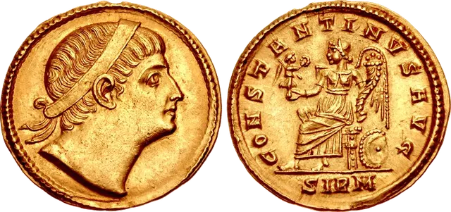 Gold solidus of Constantine I from the Sirmium mint: diademed head, and Victory seated with a shield on the reverse
