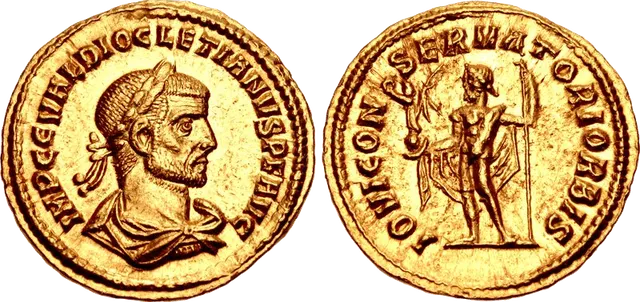 Light gold aureus of Diocletian from Cyzicus, AD 284 to 286: laureate bust, and Jupiter standing on the reverse