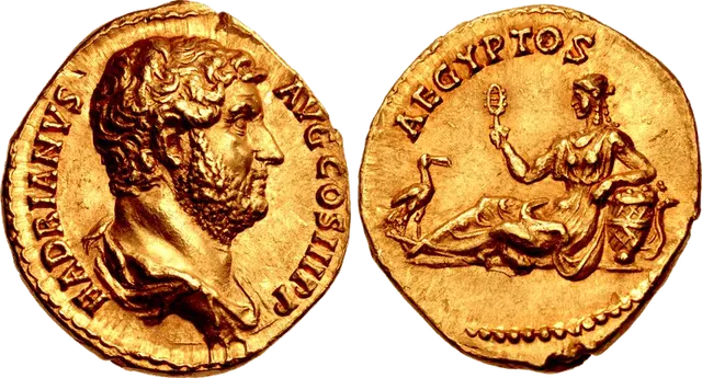 Gold aureus of Hadrian, AD 134 to 138: bearded portrait on the front, and on the back Egypt reclining beside an ibis