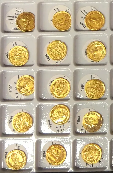 Tray of gold solidi from the Hoxne hoard, buried in Roman Britain in the early fifth century
