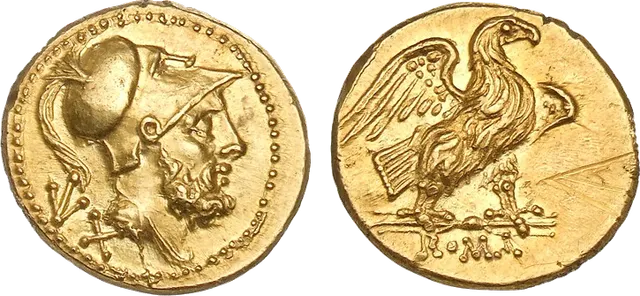 Roman gold 60-as coin of about 211 BC: helmeted head of Mars with the value mark, and an eagle on a thunderbolt above ROMA