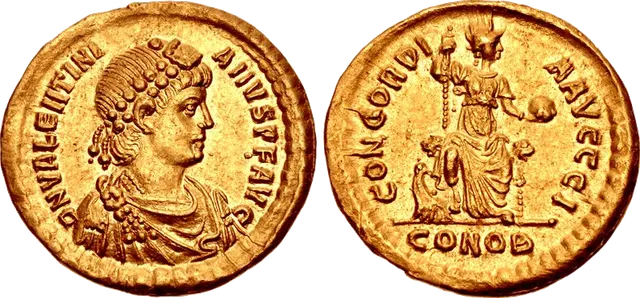 Gold solidus of Valentinian II from Constantinople, AD 383, with Constantinopolis enthroned above the letters CONOB