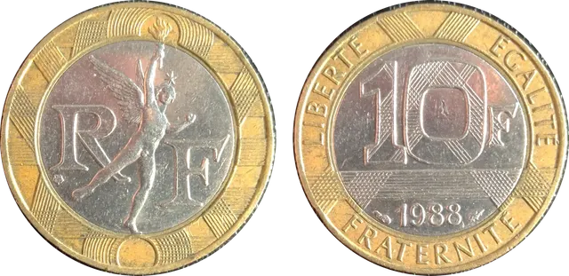 French bimetallic 10 francs of 1988: the winged Génie de la Bastille beside the letters RF, and the value side reading 10F with LIBERTÉ ÉGALITÉ FRATERNITÉ around the ring