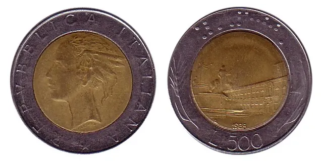 Both sides of Italy's bimetallic 500 lire: a woman's head in a bronze-coloured centre inside a steel ring, and a view of Rome's Piazza del Quirinale with "L. 500" on the ring