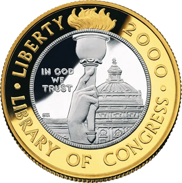 Obverse: 2000 Library of Congress $10 with a gold outer ring and platinum centre, showing a hand holding a torch before the library's dome