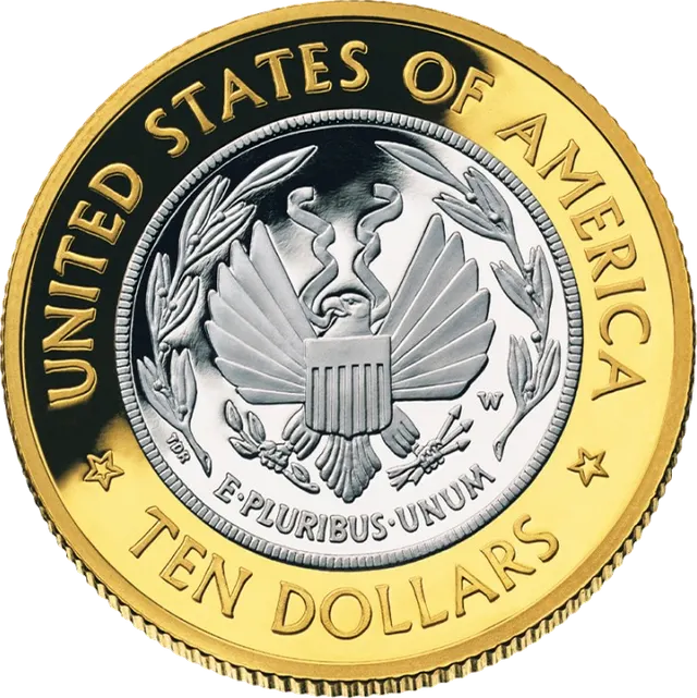 Reverse: the same coin's eagle-and-shield seal inside a laurel wreath, with UNITED STATES OF AMERICA and TEN DOLLARS on the gold ring