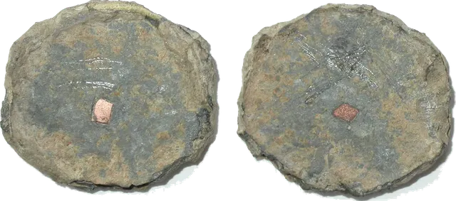 Both sides of a worn grey English tin farthing from 1684–1692, with a small square copper plug visible in the centre