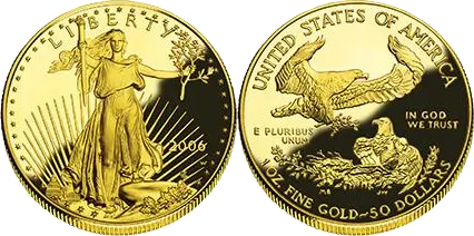 Obverse and reverse of a 2006 one-ounce American Gold Eagle: striding Liberty with a torch, and an eagle family at the nest