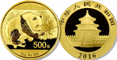 Both sides of a 2016 Chinese Gold Panda: a giant panda among bamboo, and the Temple of Heaven