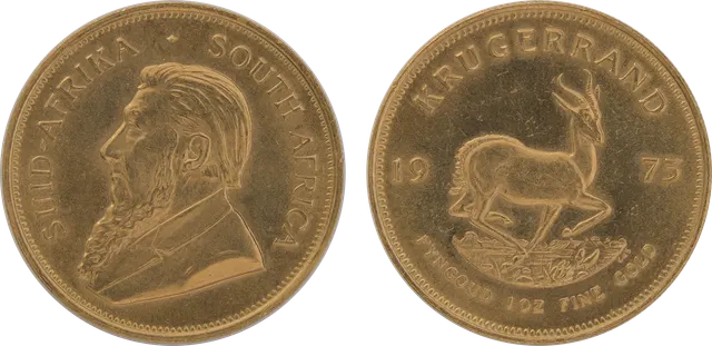 1975 one-ounce gold Krugerrand, both sides. Obverse: a left-facing bust of Paul Kruger. Reverse: the same coin's springbok side, with the words "Krugerrand" and "1 oz fine gold"