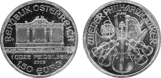 Vienna Philharmonic coin: the Golden Hall organ on one side, and a horn, harp, bassoon, violins and cello on the other