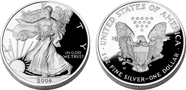American Silver Eagle. Obverse: Weinman's Walking Liberty striding toward the rising sun on a 2004 coin. Reverse: Mercanti's heraldic eagle with a shield