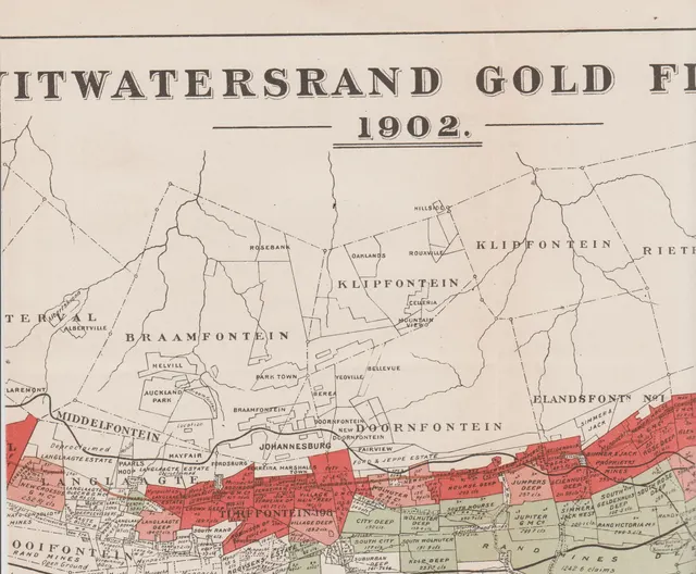 1902 map of the Witwatersrand gold fields around Johannesburg, with the mining claims shaded along the reef