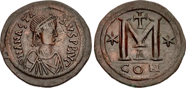 Bronze follis of Anastasius I, Constantinople mint, with the emperor's bust and a large letter M marking 40 nummi