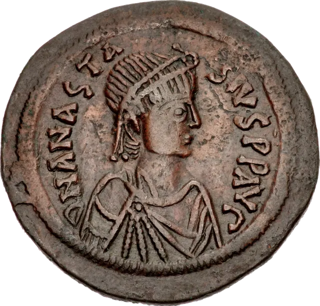 Bronze follis of Anastasius I, Constantinople mint, with the emperor's bust and a large letter M marking 40 nummi