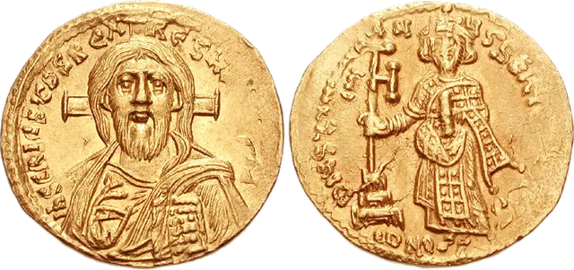 Gold solidus of Justinian II, 692 to 695, with the bust of Christ on the front and the standing emperor on the back