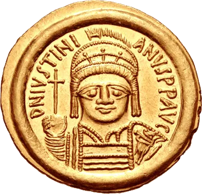 Gold solidus of Justinian I, Ravenna mint, with the emperor's helmeted, armoured bust facing forward