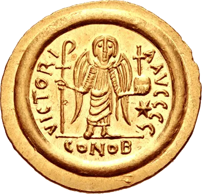 Reverse of the same solidus: a standing angel holding a long staff and a globe topped by a cross
