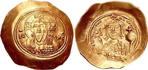 Thin, cup-shaped debased gold histamenon of Michael VII Doukas with Christ on one side and the emperor on the other