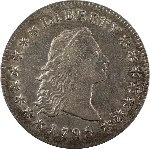 1795 Flowing Hair silver dollar: Liberty with loose flowing hair on the front, and a small eagle inside a wreath on the back