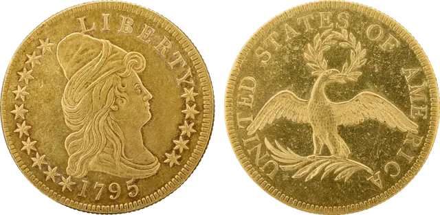 1795 gold eagle ($10): Liberty in a tall cap on the front and a small eagle holding a wreath on the back