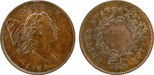 1794 Liberty Cap half cent in copper, with Liberty and a cap on a pole on the front and a wreath around "HALF CENT" on the back