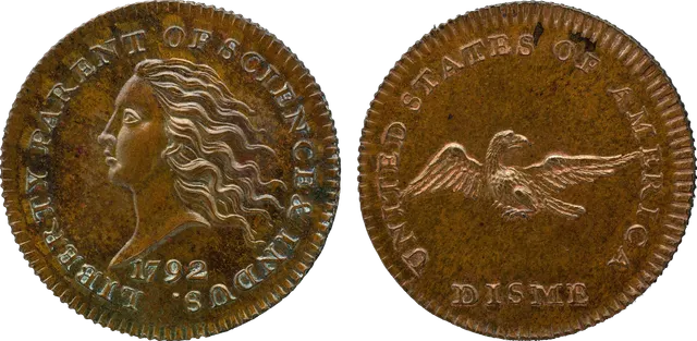 1792 pattern disme in copper: Liberty with flowing hair and the legend "LIBERTY PARENT OF SCIENCE & INDUST." on the front, and a flying eagle above the word DISME on the back
