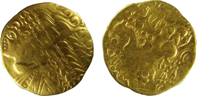 Gold Gallo-Belgic stater of the Bellovaci found in Britain, about 125 to 100 BC: wreathed Apollo and a horse, both broken into patterns