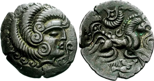 Billon stater of the Coriosolites, about 100 to 50 BC: a head made of spirals, and a stylised horse on the reverse