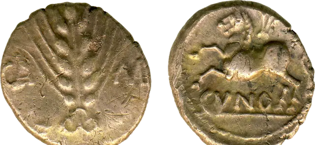 Gold stater of Cunobelin, about AD 8 to 41: an ear of barley with CA and MV, and a horse above the name CVNO