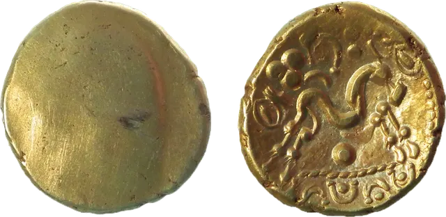 Gallo-Belgic E gold stater of the Ambiani, about 60 to 50 BC, found in Surrey: one blank side and a stylised horse