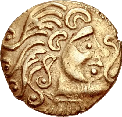 Gold stater of the Parisii, 2nd century BC: a swirling Celtic Apollo head