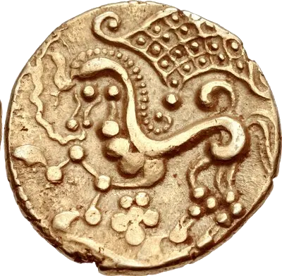 Reverse of the Parisii gold stater: a horse under a net pattern with a rosette below