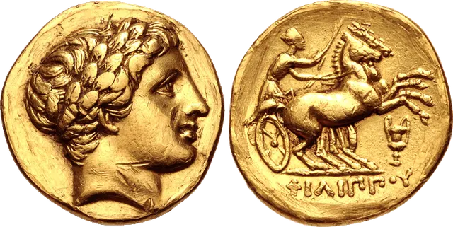 Gold stater in the name of Philip II of Macedon: laureate head of Apollo, and a charioteer driving a two-horse chariot above ΦΙΛΙΠΠΟΥ