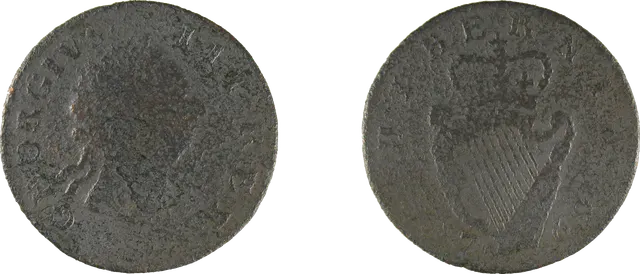 Irish halfpenny of George III with a crowned harp, the “harps” in “heads or harps”