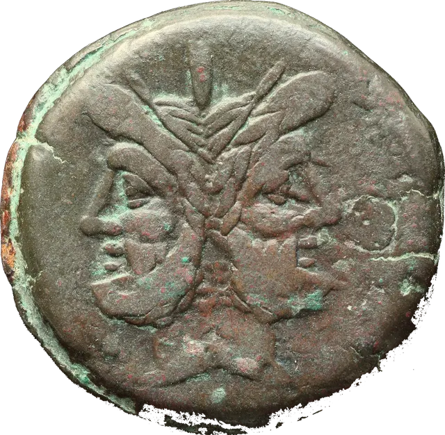 Close-up of a Roman Republican bronze coin with the head of Janus