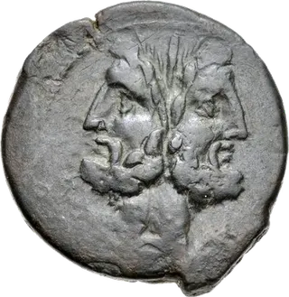 Roman bronze as showing the two-faced god Janus on one side and a ship's prow on the other