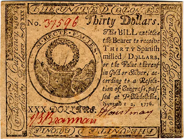 Thirty-dollar Continental Currency note dated November 2, 1776, promising thirty Spanish milled dollars, with a wreath-on-altar emblem