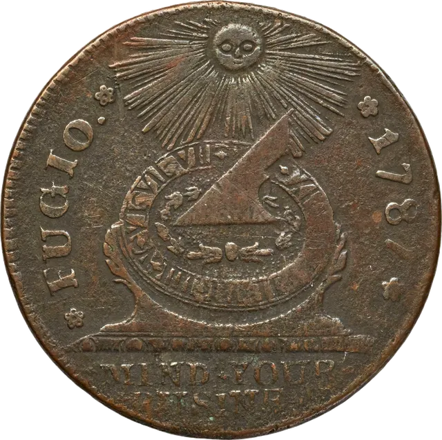 1787 Fugio cent: a sundial under a rayed sun, with FUGIO, 1787 and MIND YOUR BUSINESS