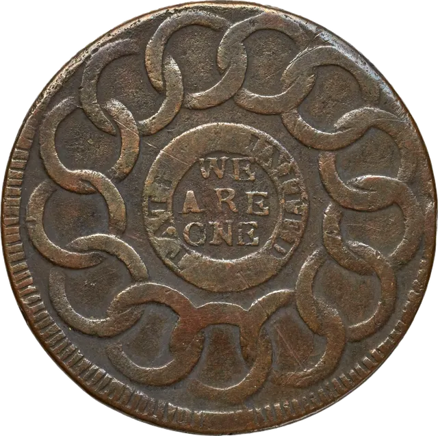 1787 Fugio cent: thirteen linked rings around a centre reading WE ARE ONE