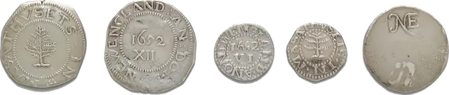 Five early Massachusetts silver coins in a row, including Pine Tree pieces, a 1652-dated reverse and a plain NE shilling
