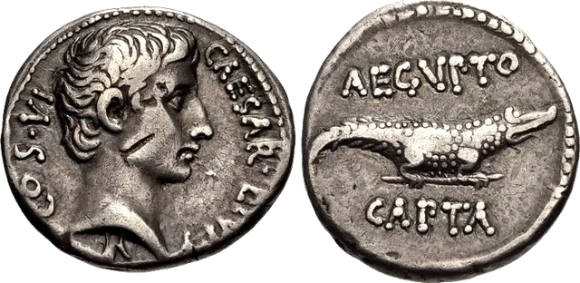 Silver denarius of Octavian, about 28 BC: his bare head on one side, and a crocodile with the words AEGVPTO CAPTA on the other